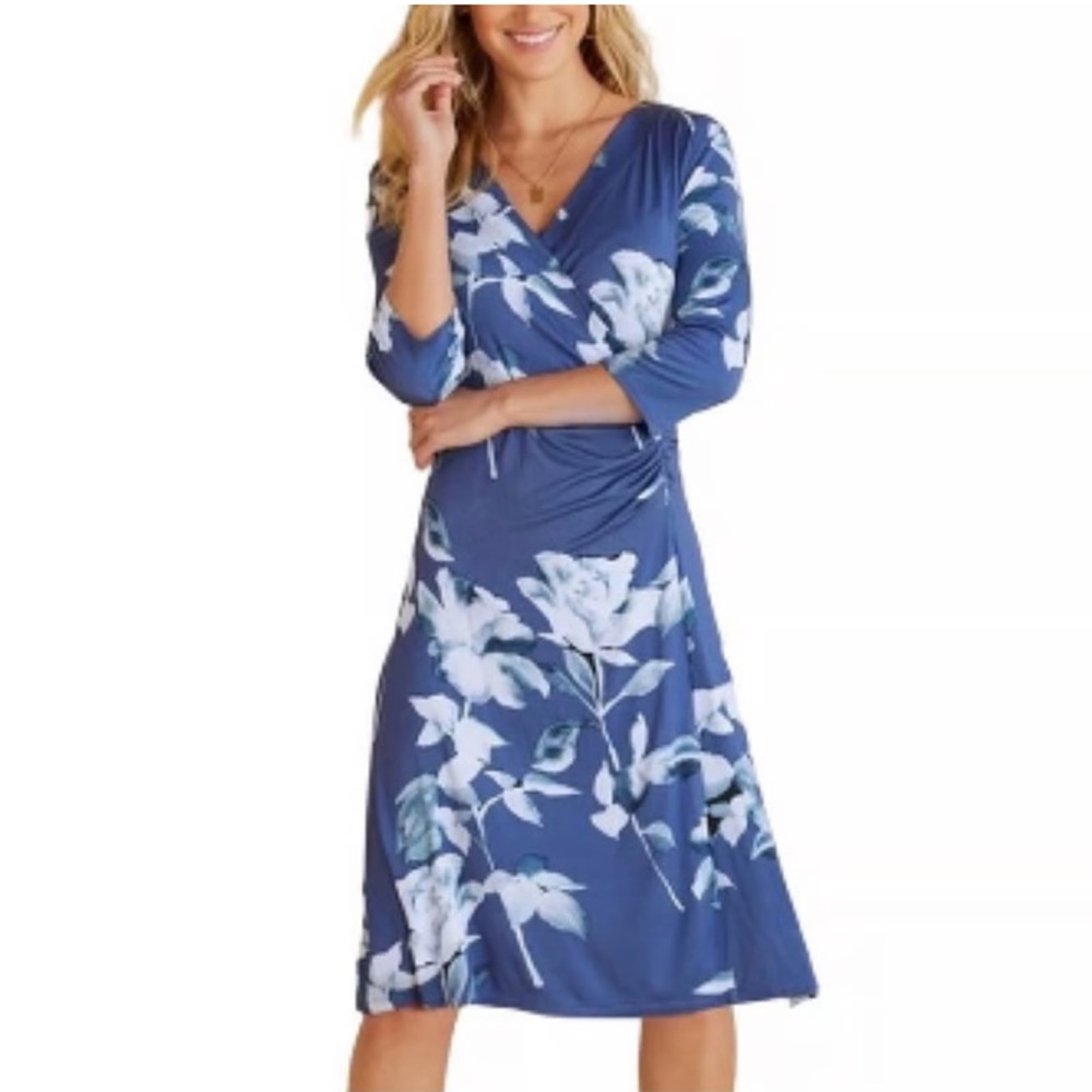 NWT Soft Surroundings Hyannis True Navy Rose Faux Wrap Midi Dress Size 2X